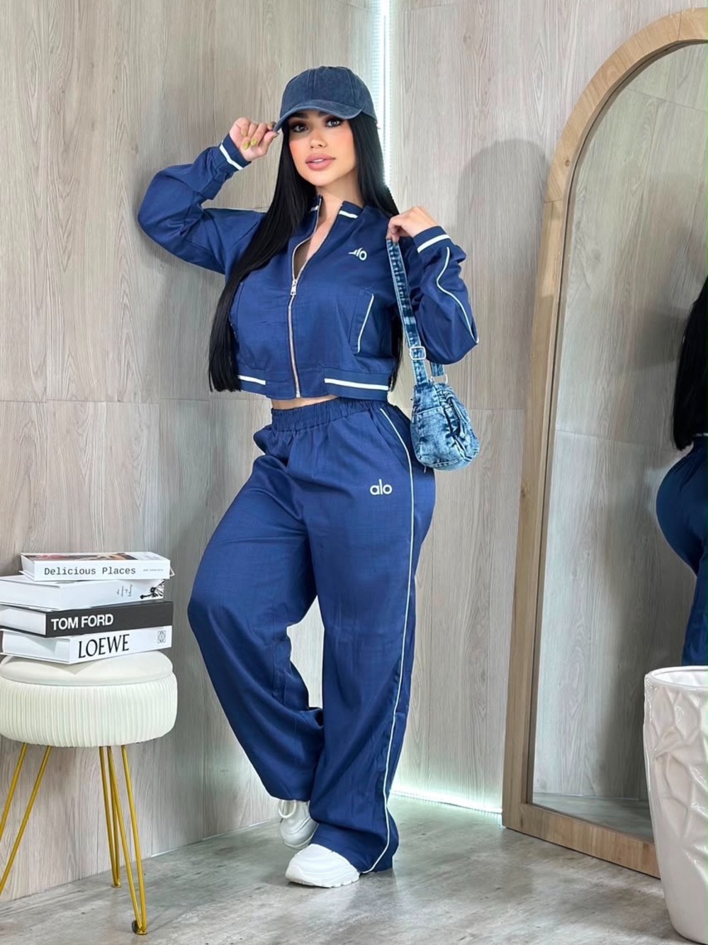 ALO Yoga Navy Blue Track Pants with Side Stripe
